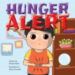 Blue with bright purple and read title,Hunger Alert is a Ramadan story book for young readers