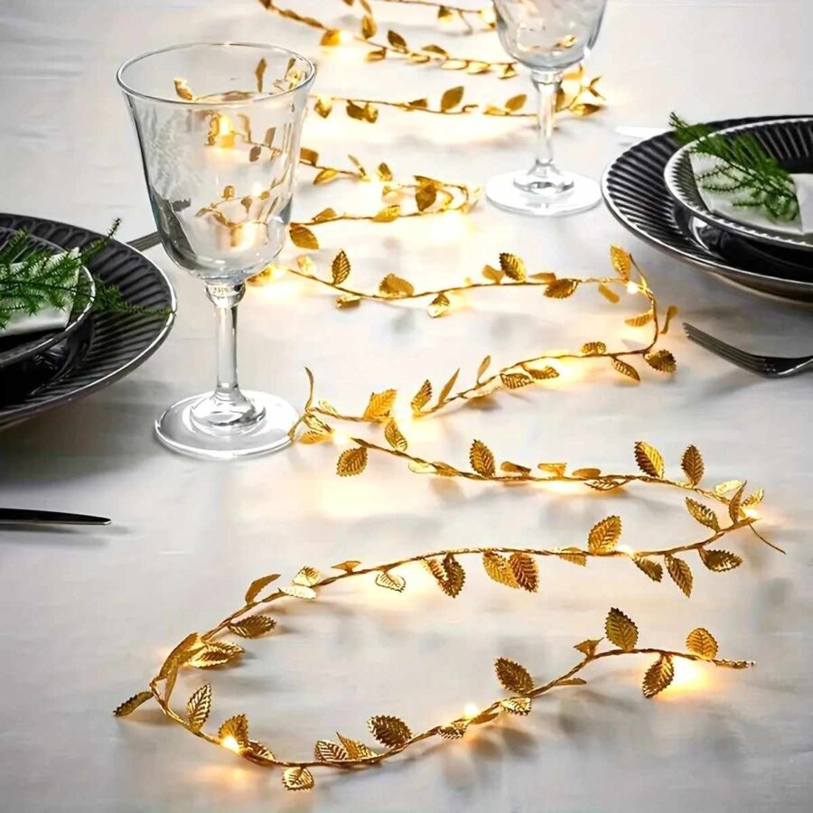 Gold leaf table decor - string lights